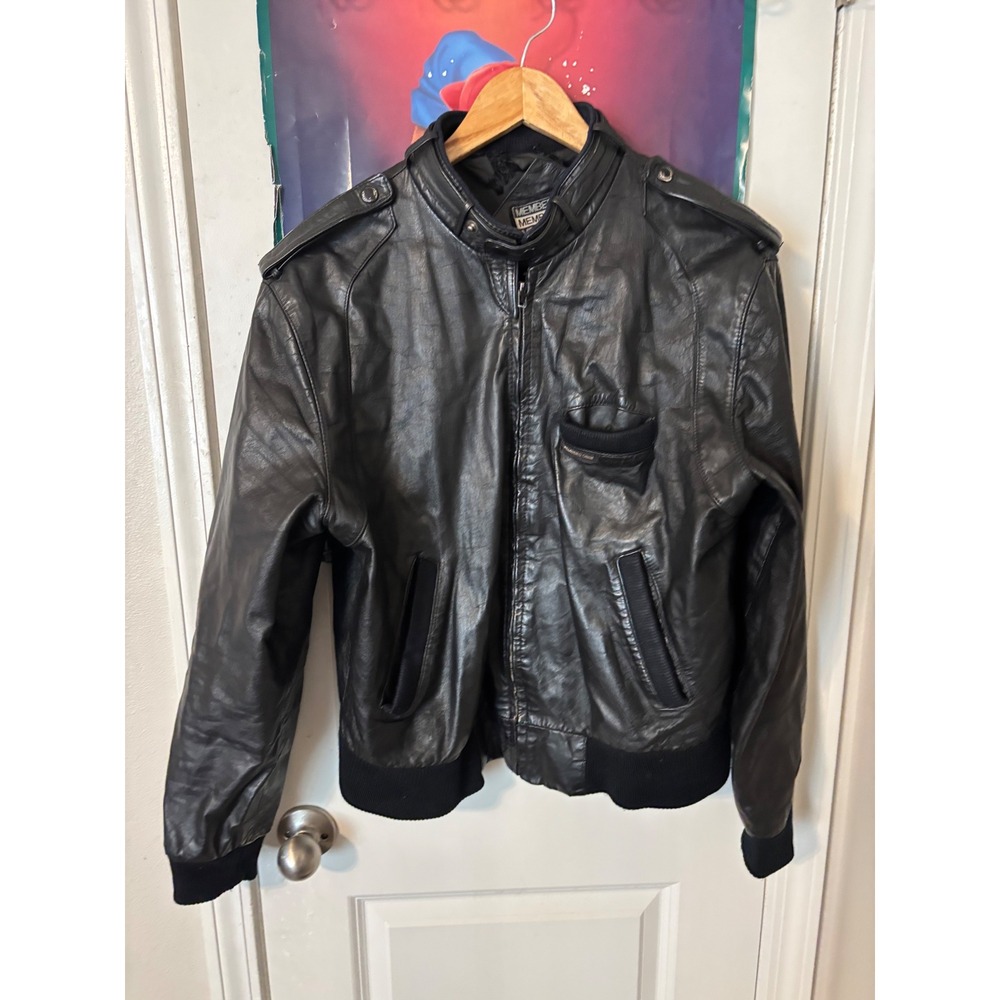 Members Only Vintage Black Leather Cafe Racer Jacket Size 42 Bomber Epaulets